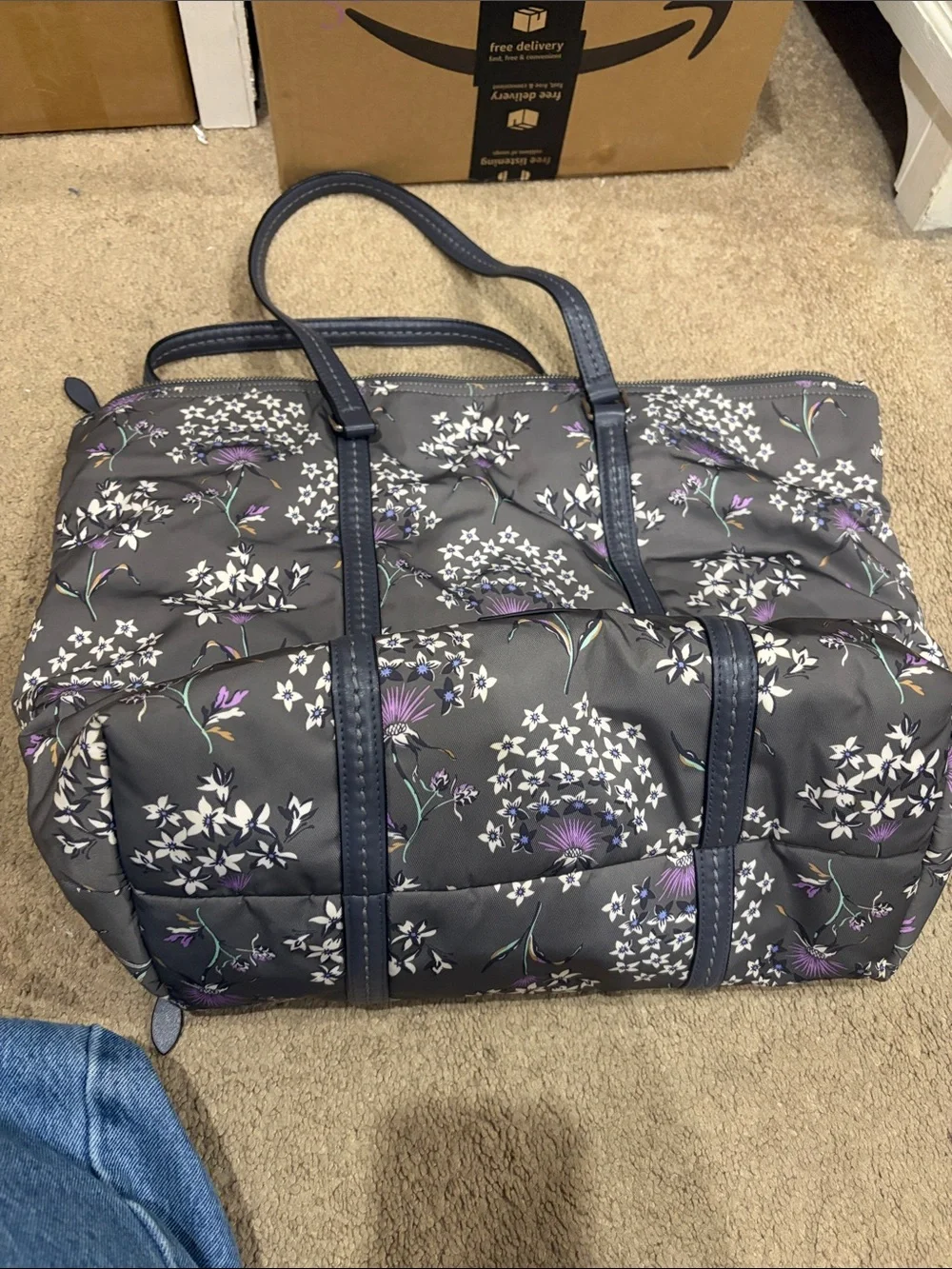 Vera Bradley Quilted Floral Tote in Charcoal Gray and Purple Accents